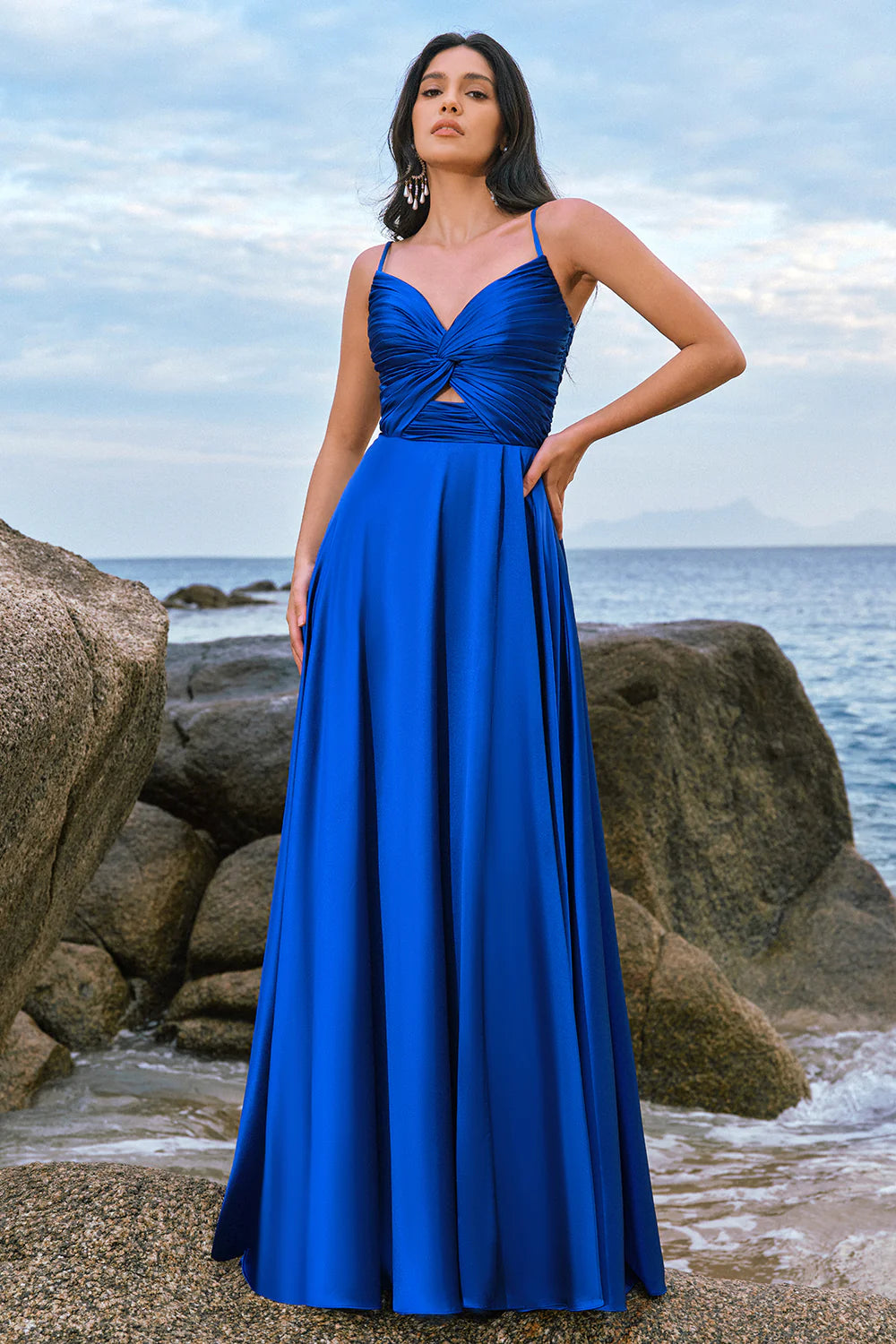 Ink Blue A Line Keyhole Satin Pleated Long Bridesmaid Dress with Slit