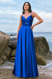 Ink Blue A Line Keyhole Satin Pleated Long Bridesmaid Dress with Slit