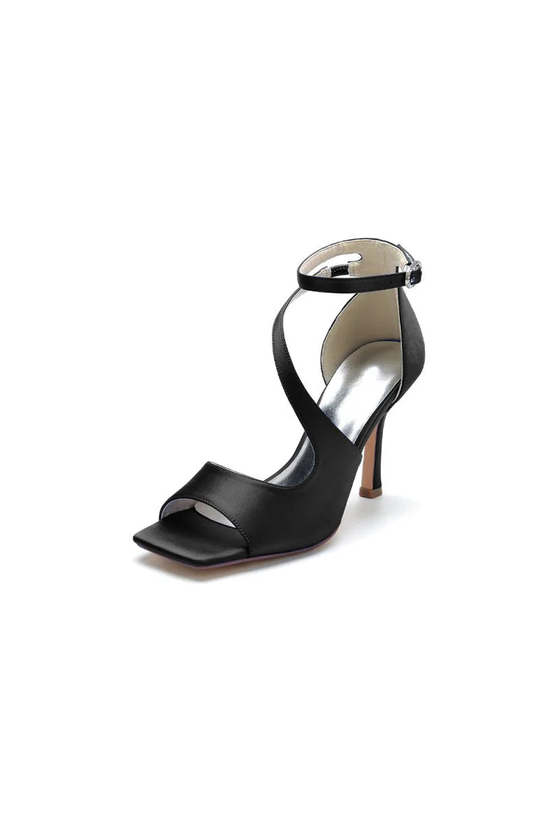Simple Square Open Toe Ankle Strap Satin Prom Shoes