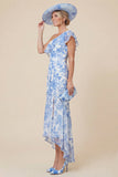 One Shoulder Light Blue Ruffle Floral Mother of the Bride Dress with Slit