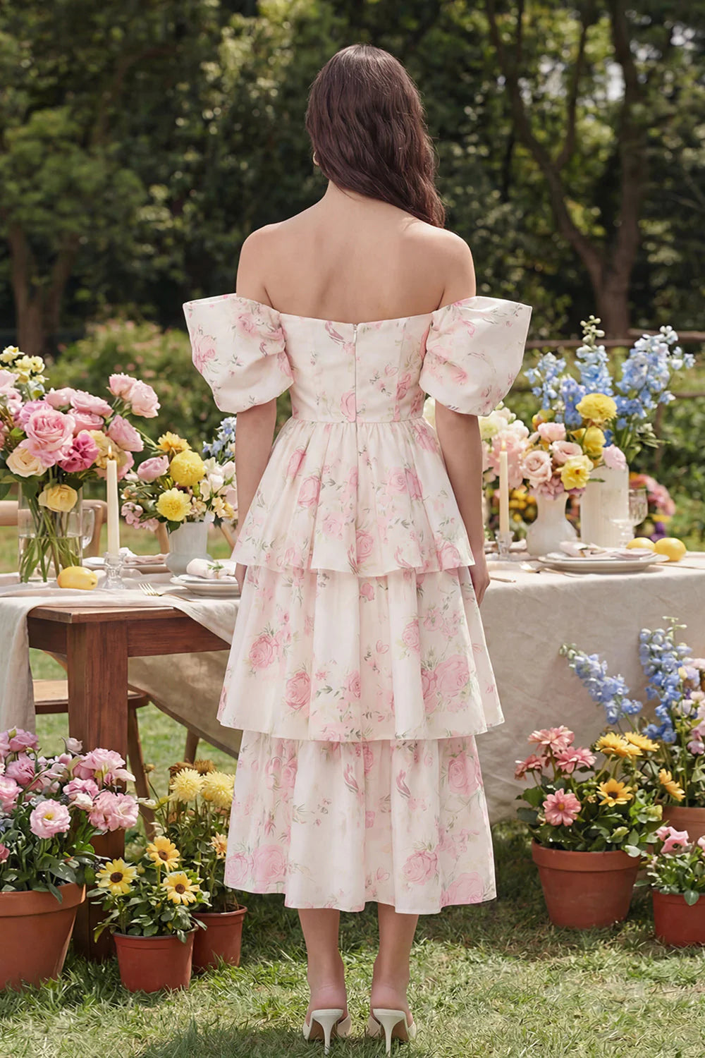 Off the Shoulder A Line Tiered White Floral Wedding Guest Dress