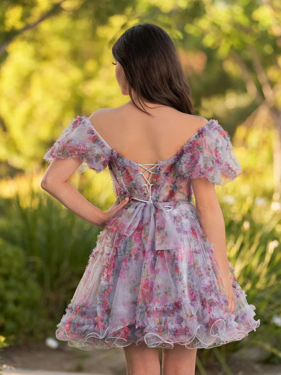 Ivana A Line Off the Shoulder Printed Tulle Short Homecoming Dress