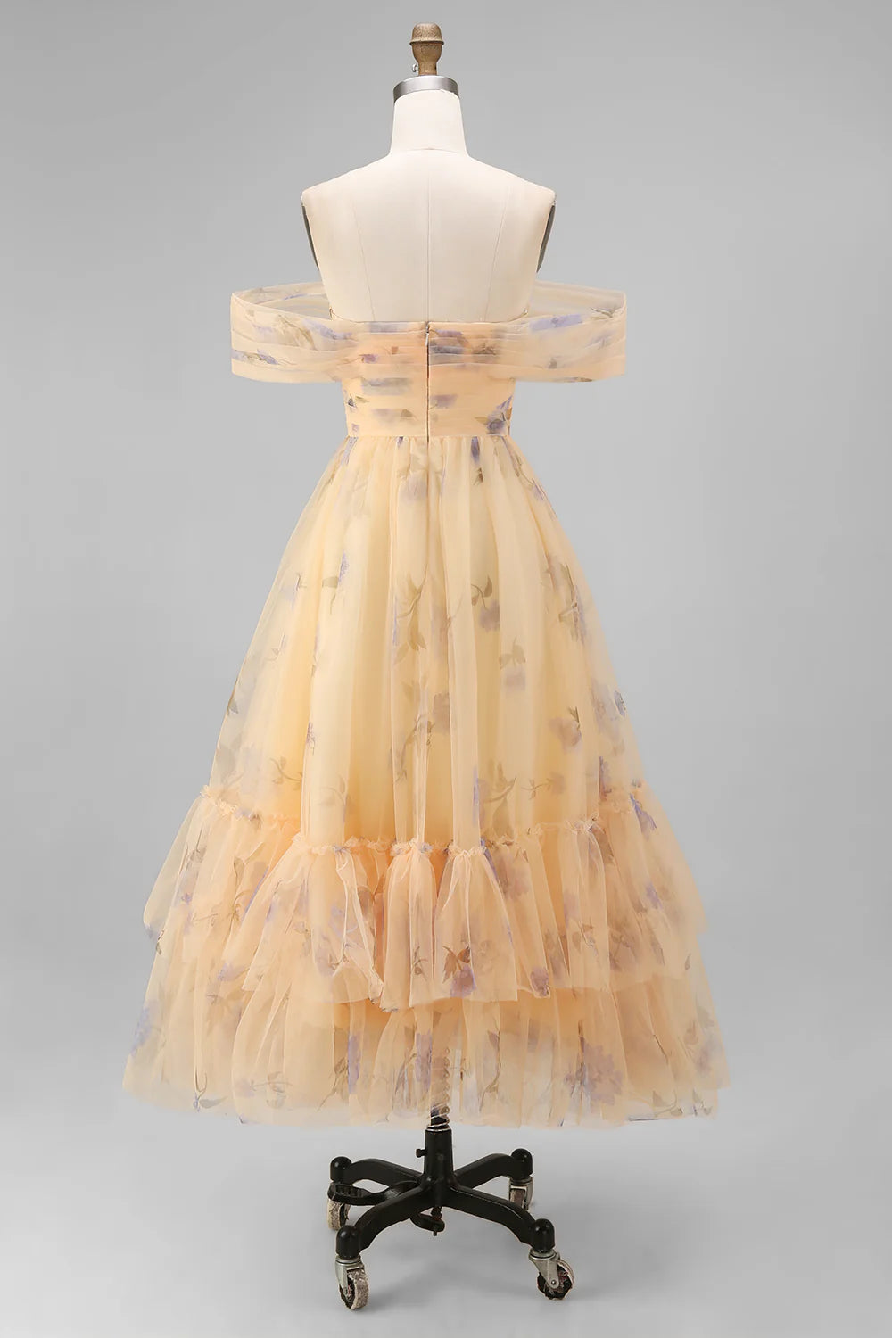 Yellow Floral Off the Shoulder Ruched A Line Wedding Guest Dress