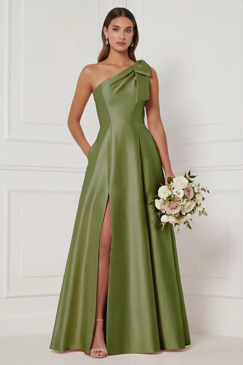 One Shoulder A Line Satin Pink Bridesmaid Dress with Slit