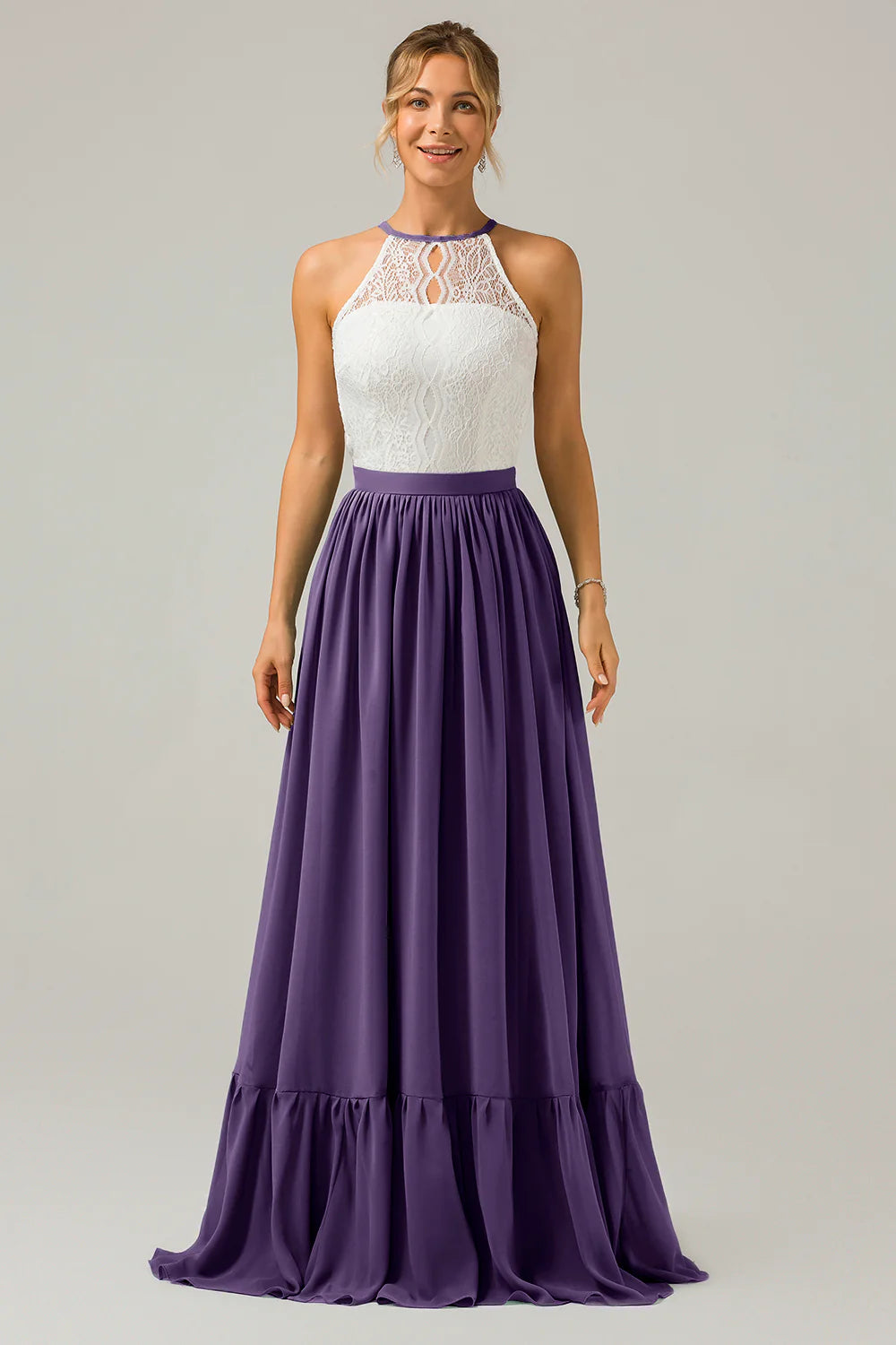 A Line Halter Pleated Keyhole Chiffon Bridesmaid Dress With Lace
