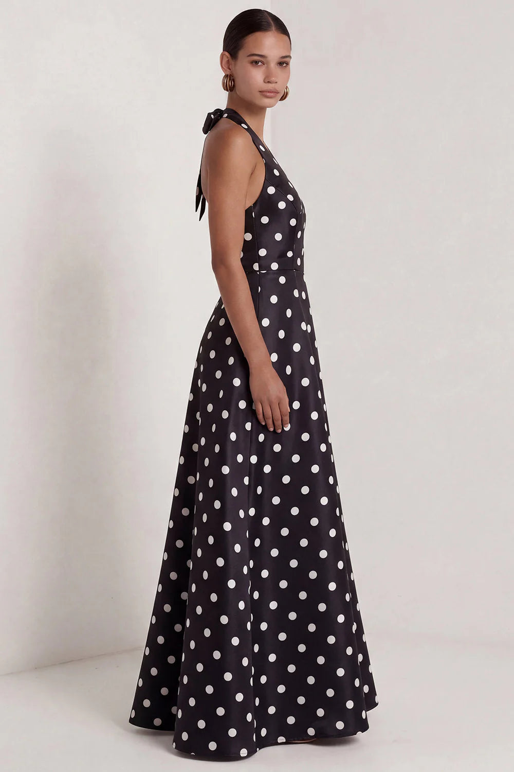 Halter White Black Polka Dot A Line Formal Dress with Slit