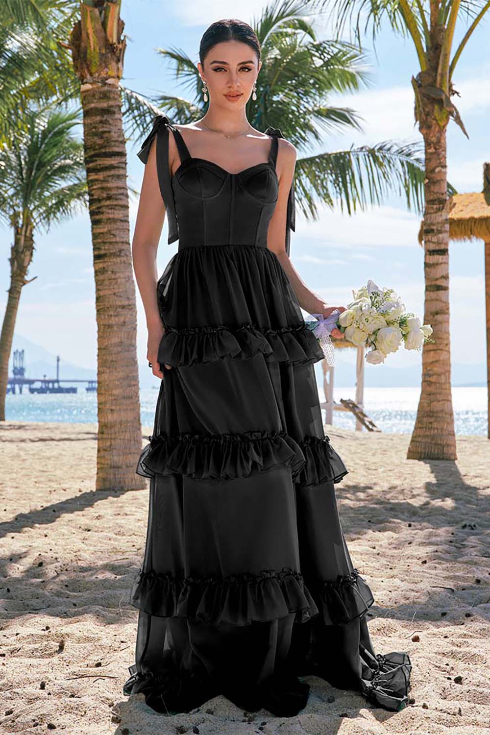 Eucalyptus A Line Bow Tie Straps Corset Tiered Long Bridesmaid Dress with Slit