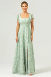 Dusty Sage A Line Square Neck Floor Length Print Bridesmaid Dress with Slit