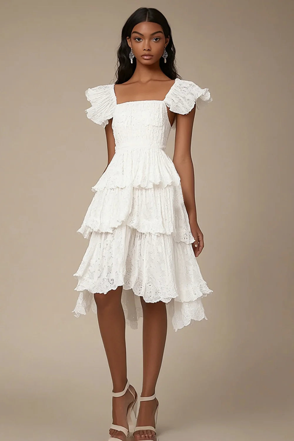 Ivory A Line Tiered Square Neck Lace Knee Length Graduation Dress