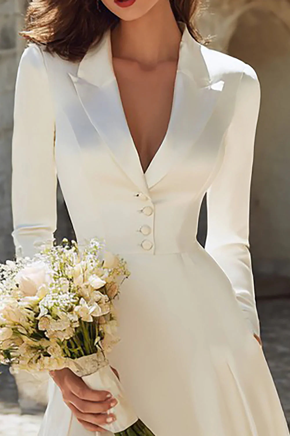 Ivory A Line Satin V Neck Courthouse Wedding Dress