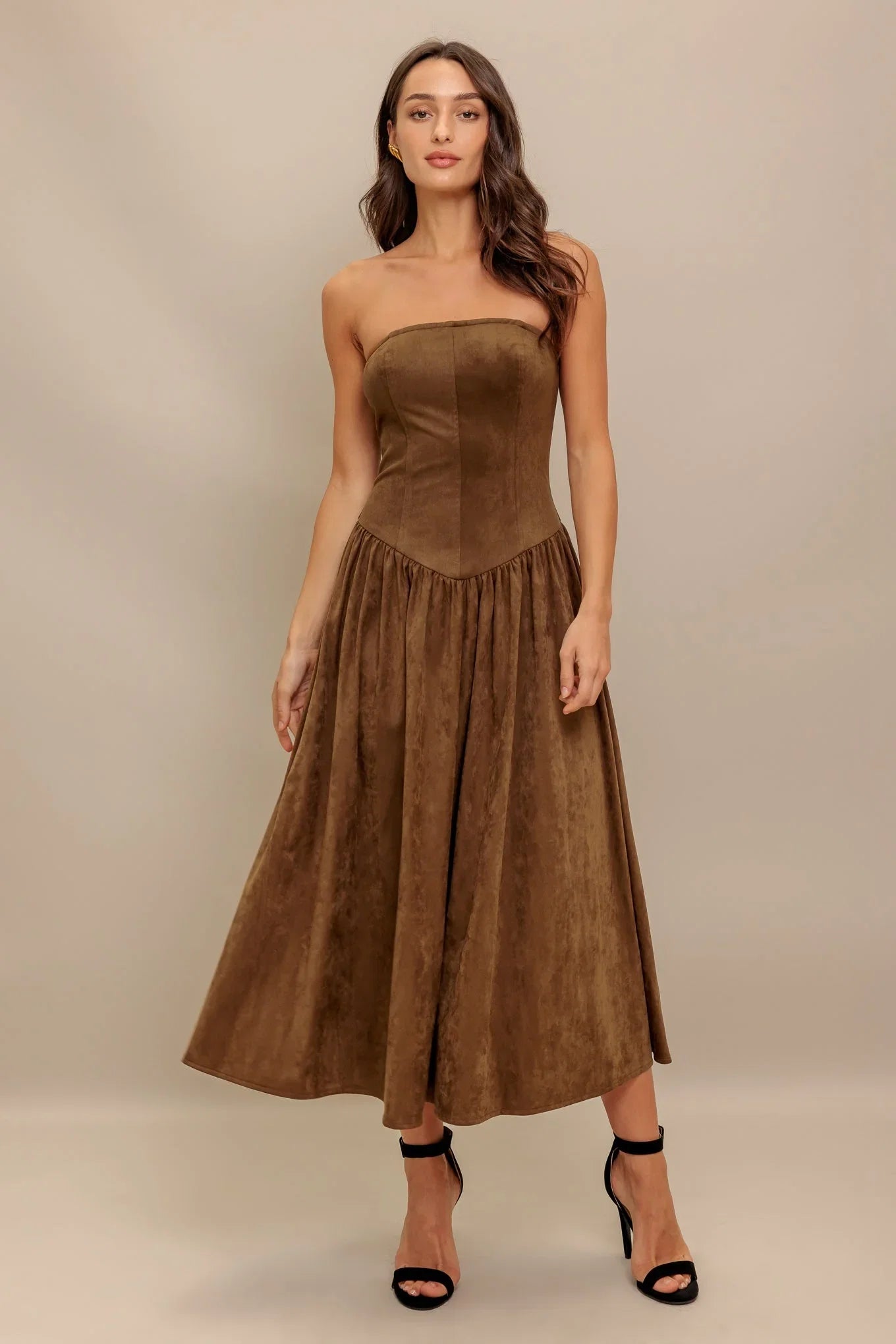 WILD ESPRESSO BROWN FAUX SUEDE MIDI DRESS