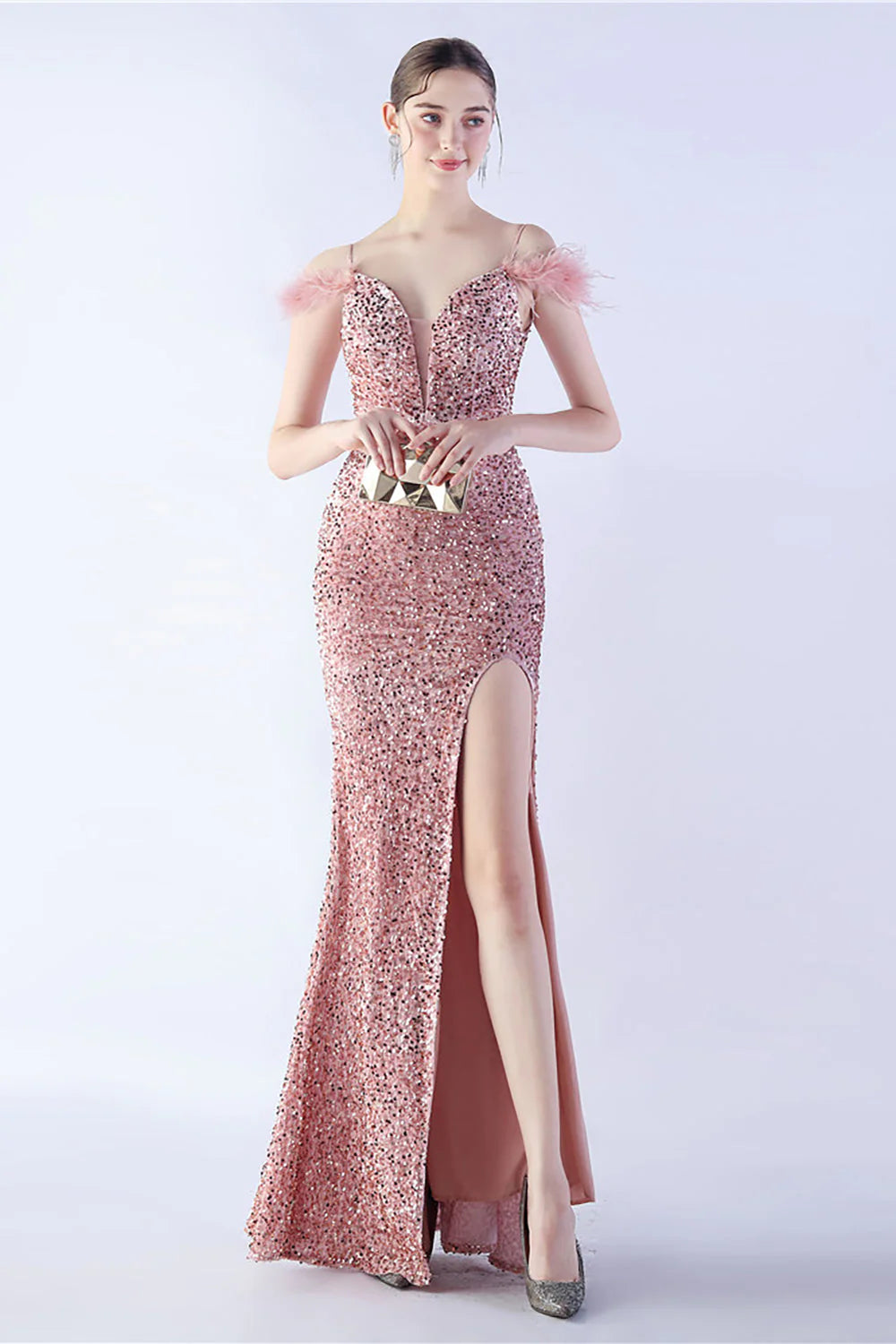 Mermaid Spaghetti Straps Sequin Formal Dress With Feathers