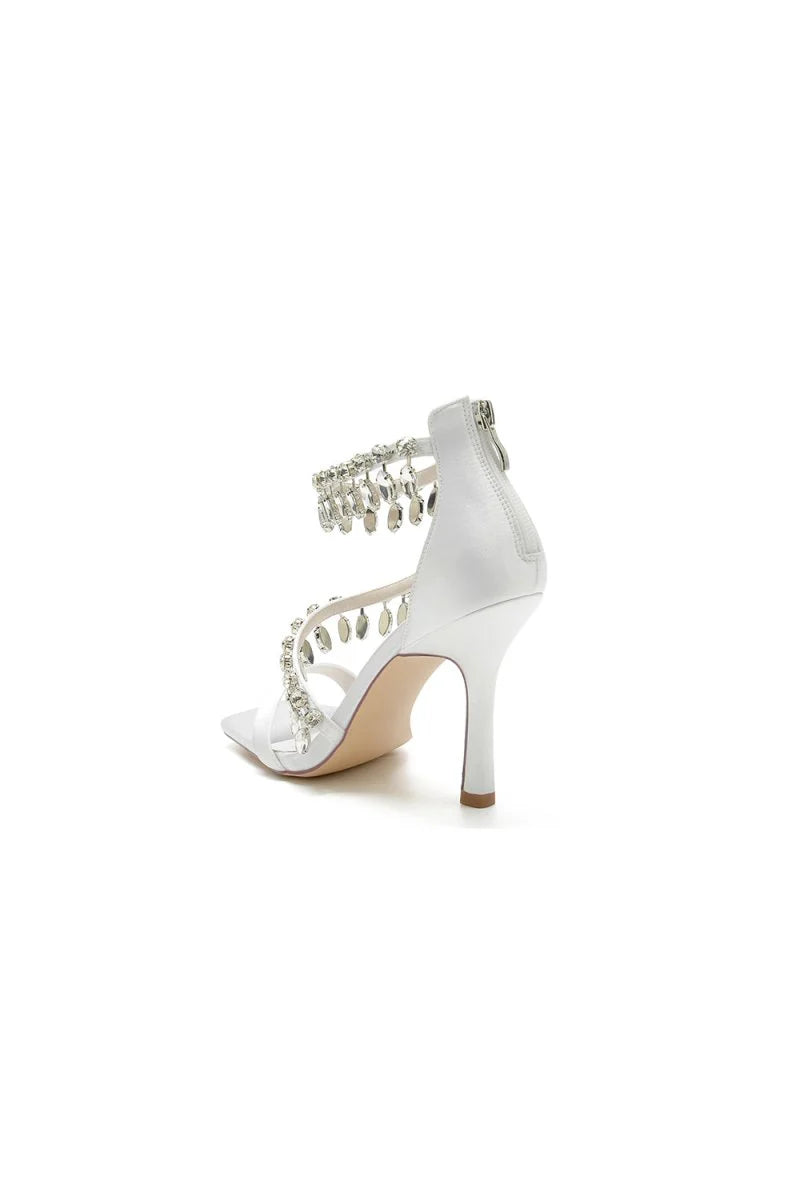 Beaded Square Open Toe Ankle Strap Satin Stiletto Heels