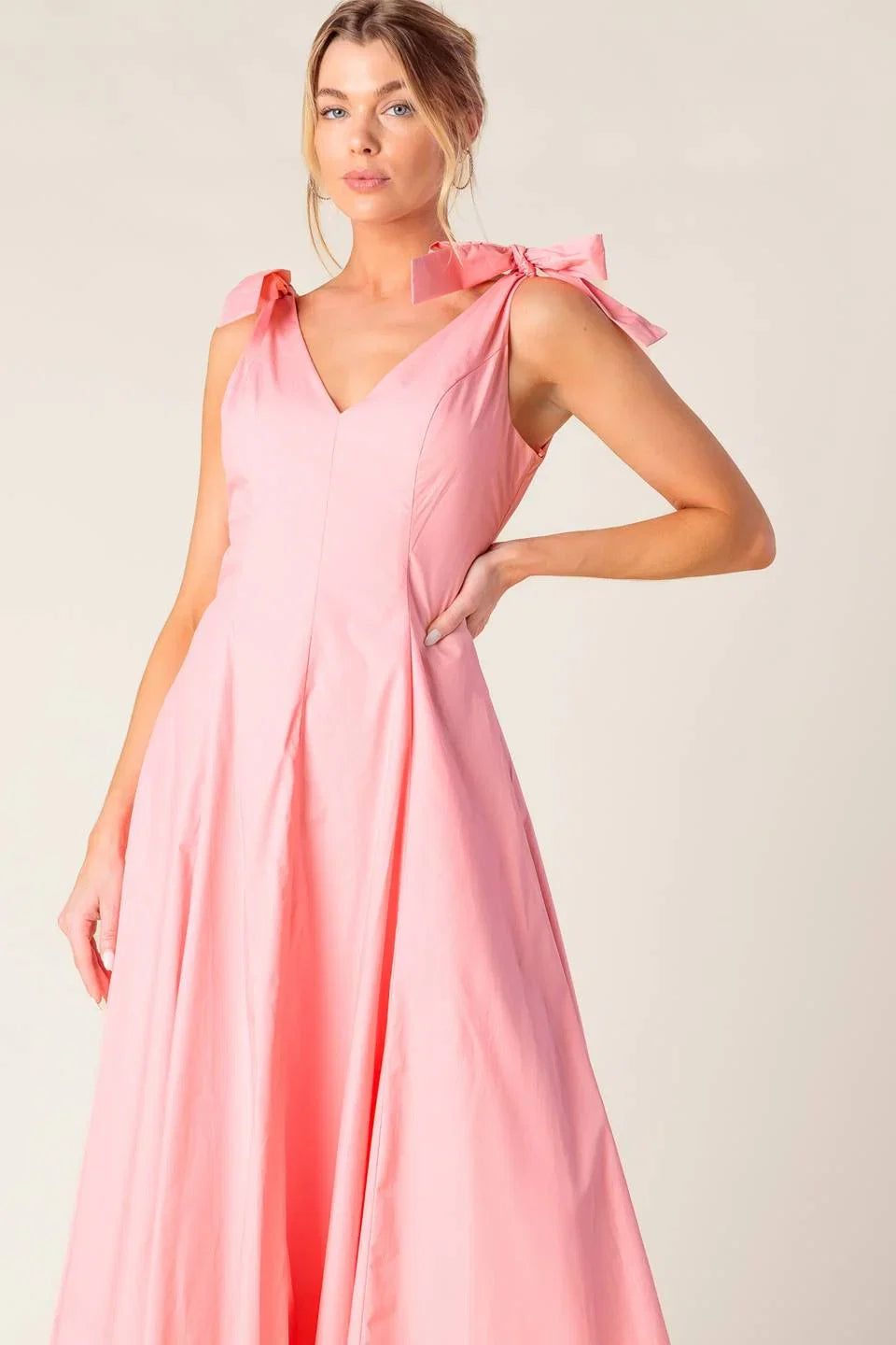 SWEET NOTHINGS SHOULDER BOW MIDI DRESS PEACH