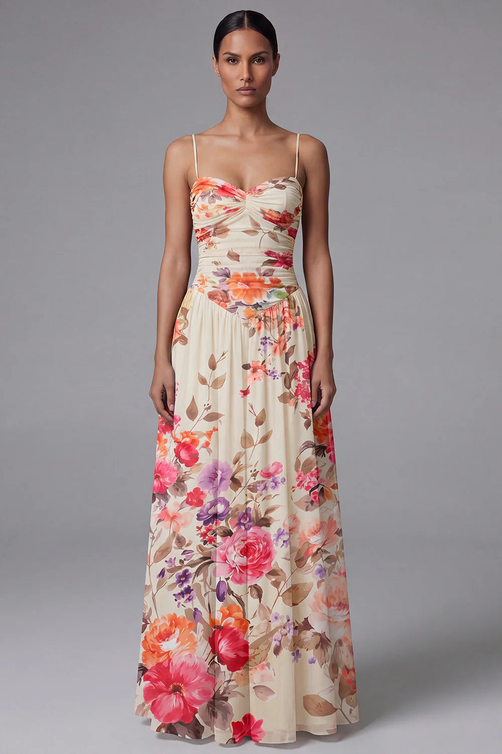 Black A Line Printed Ruched Long Formal Dress