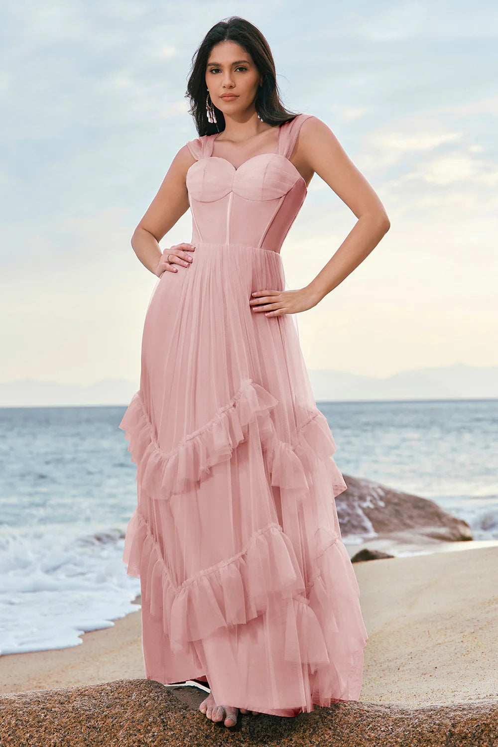 Grey Blue A Line Ruched Corset Long Bridesmaid Dress with Ruffles