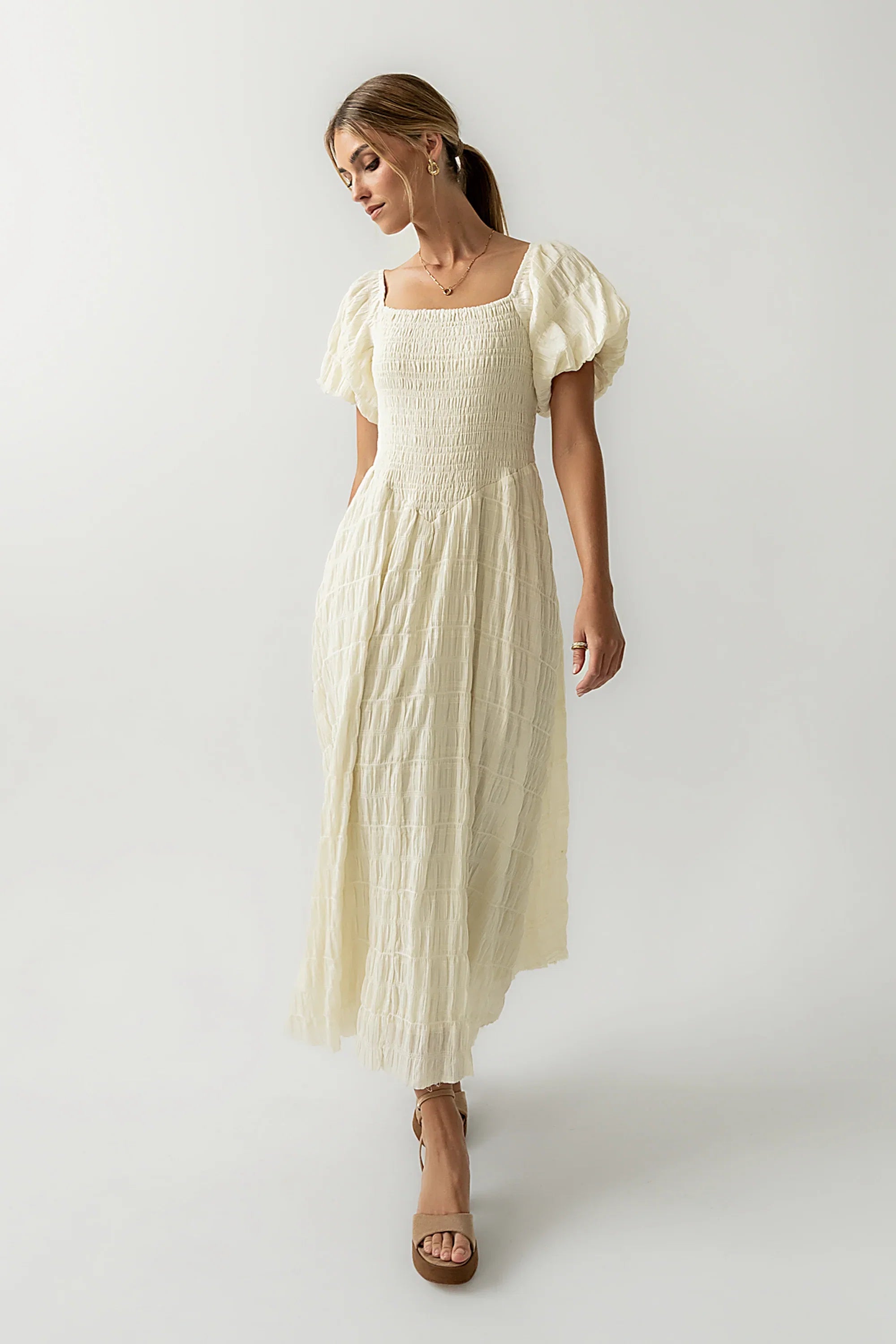 Beckie Smocked Maxi Dress in Off White