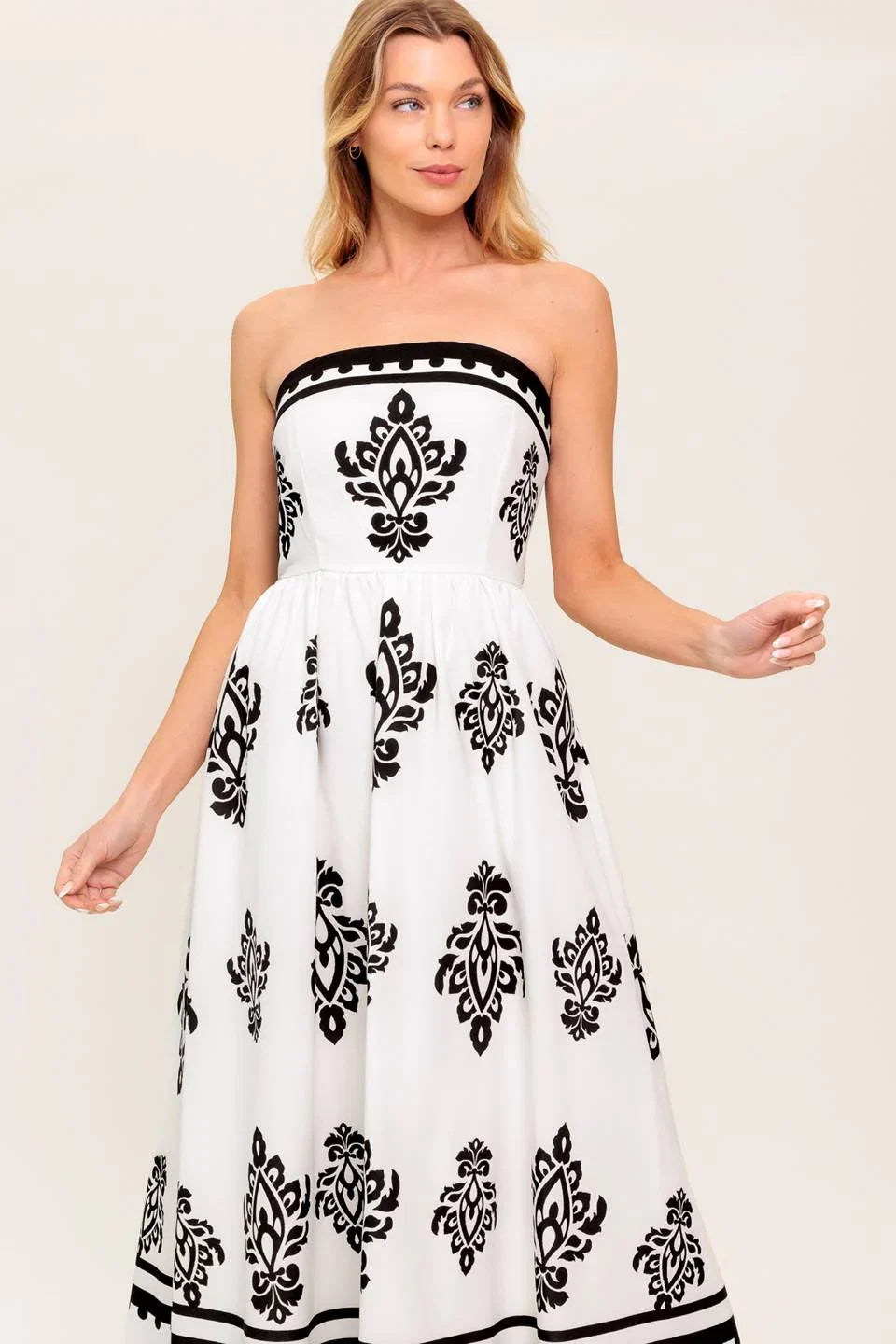 CAFE IN PARIS STRAPLESS MIDI DRESS IVORY BLACK