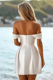 Off The Shoulder Satin Ruched Bodycon White Short Graduation Dress