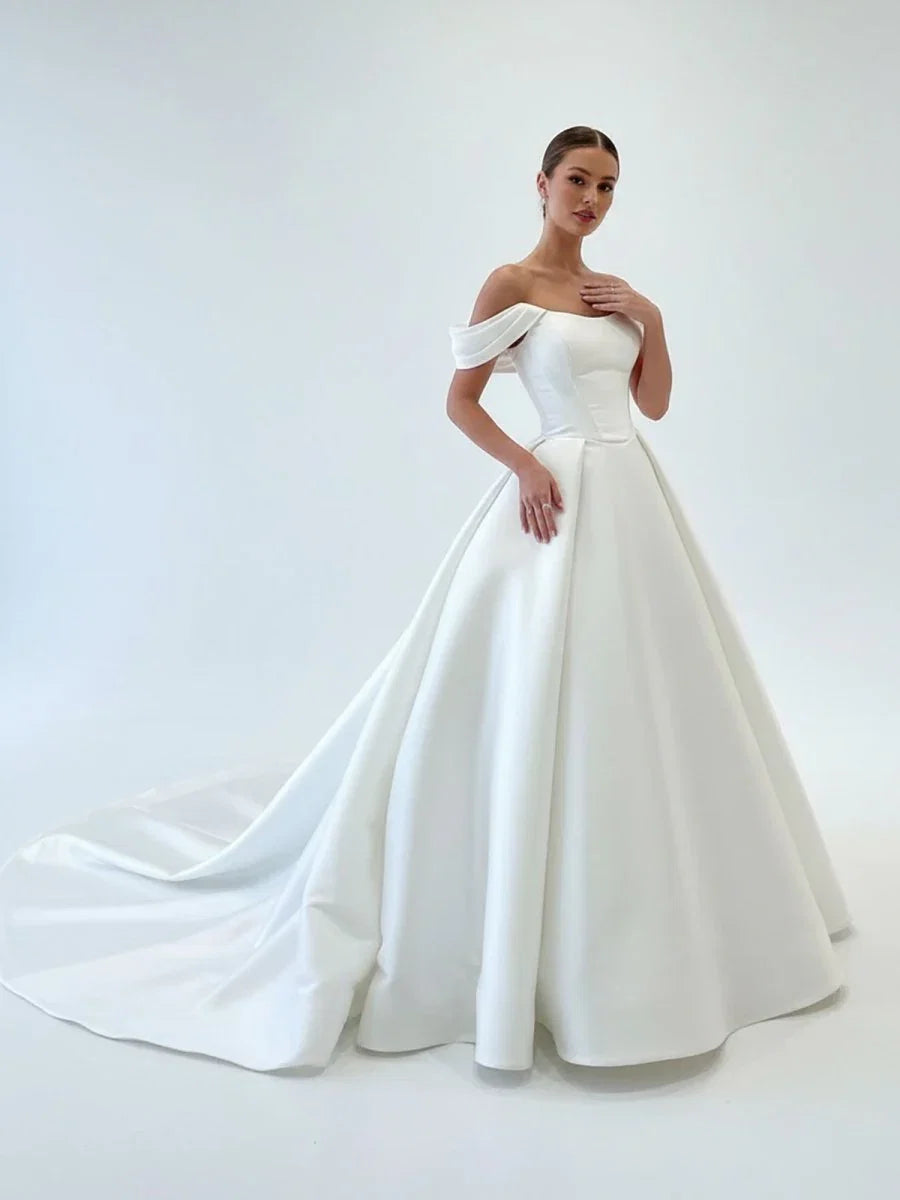 Elegant A Line Off the Shoulder White Satin Wedding Dresses