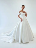 Elegant A Line Off the Shoulder White Satin Wedding Dresses
