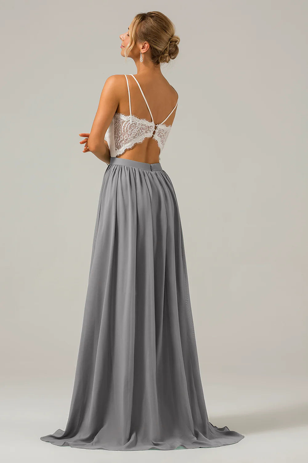 A Line Spaghetti Straps Pleated Long Bridesmaid Dress With Lace