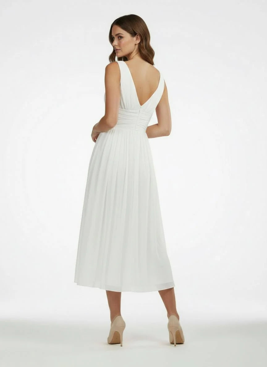 V Neck Sleeveless Tea Length Chiffon Wedding Dress With Ruching And Low V Back