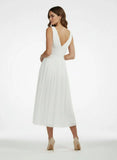 V Neck Sleeveless Tea Length Chiffon Wedding Dress With Ruching And Low V Back
