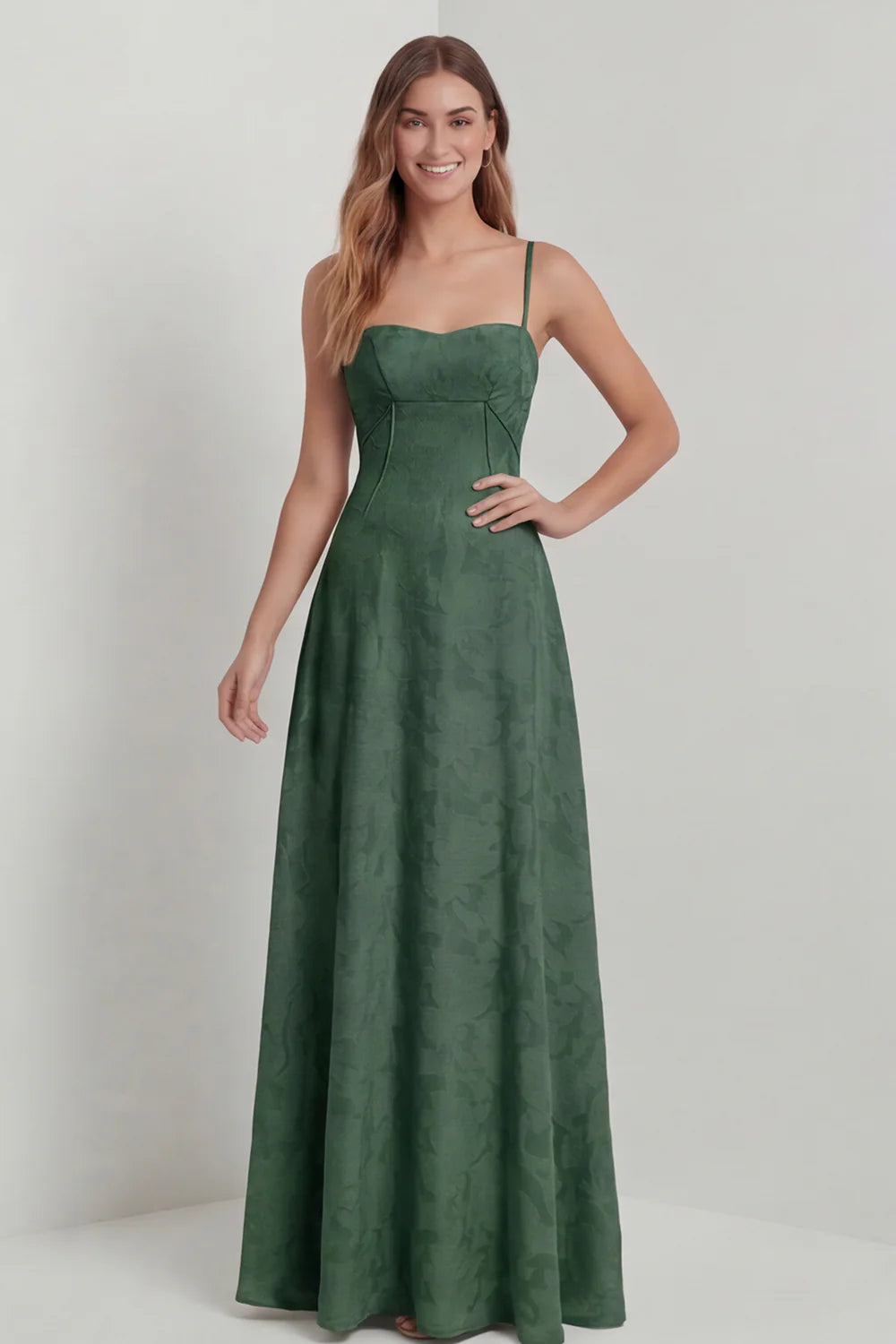 Sage Green A Line Spaghetti Straps Floral Burnout Bridesmaid Dress