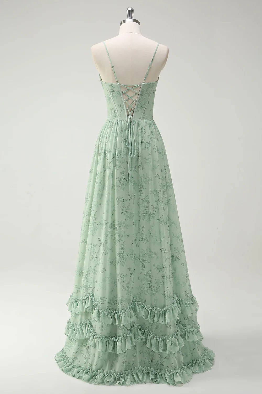 Green Floral A Line Cowl Neck Corset Long Bridesmaid Dress with Ruffle Slit