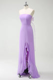 Purple A Line Strapless Lace Up Back Ruffled Long Bridesmaid Dress with Ruffled Slit