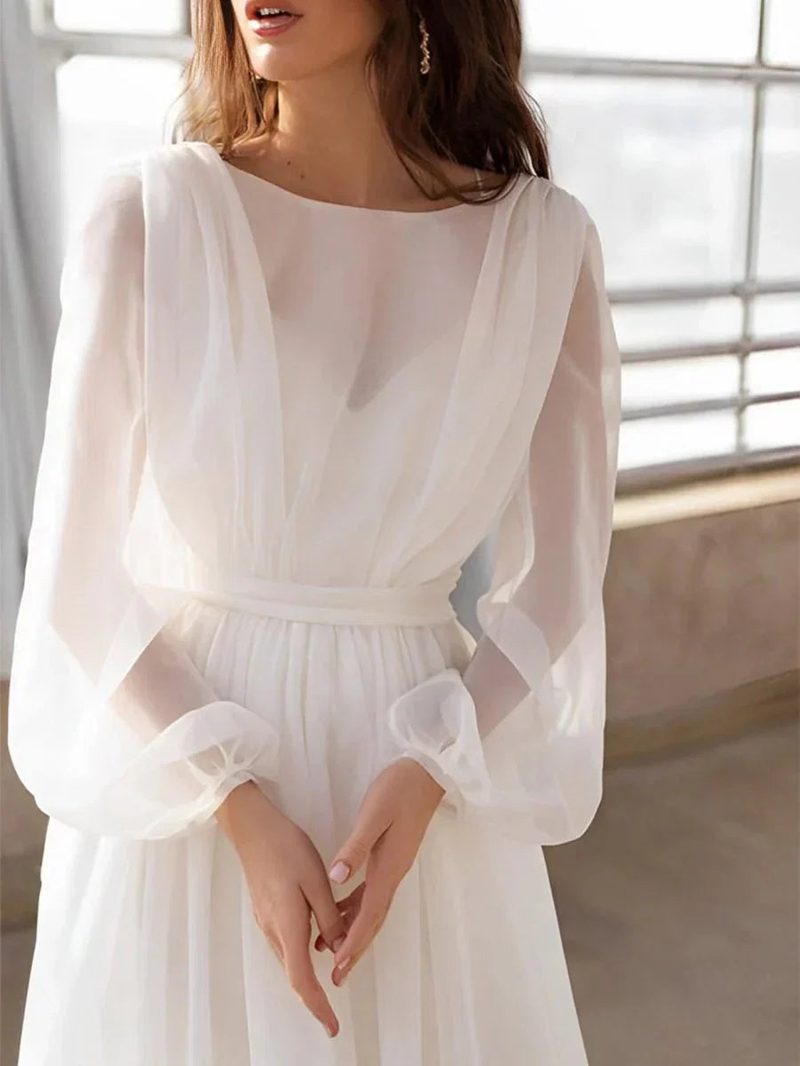 A Line Illusion Neck Long Sleeves Sweep Train Organza Wedding Dresses