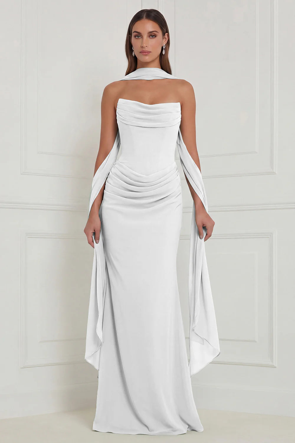 Strapless Ruched Sage Bridesmaid Dress with Scarf