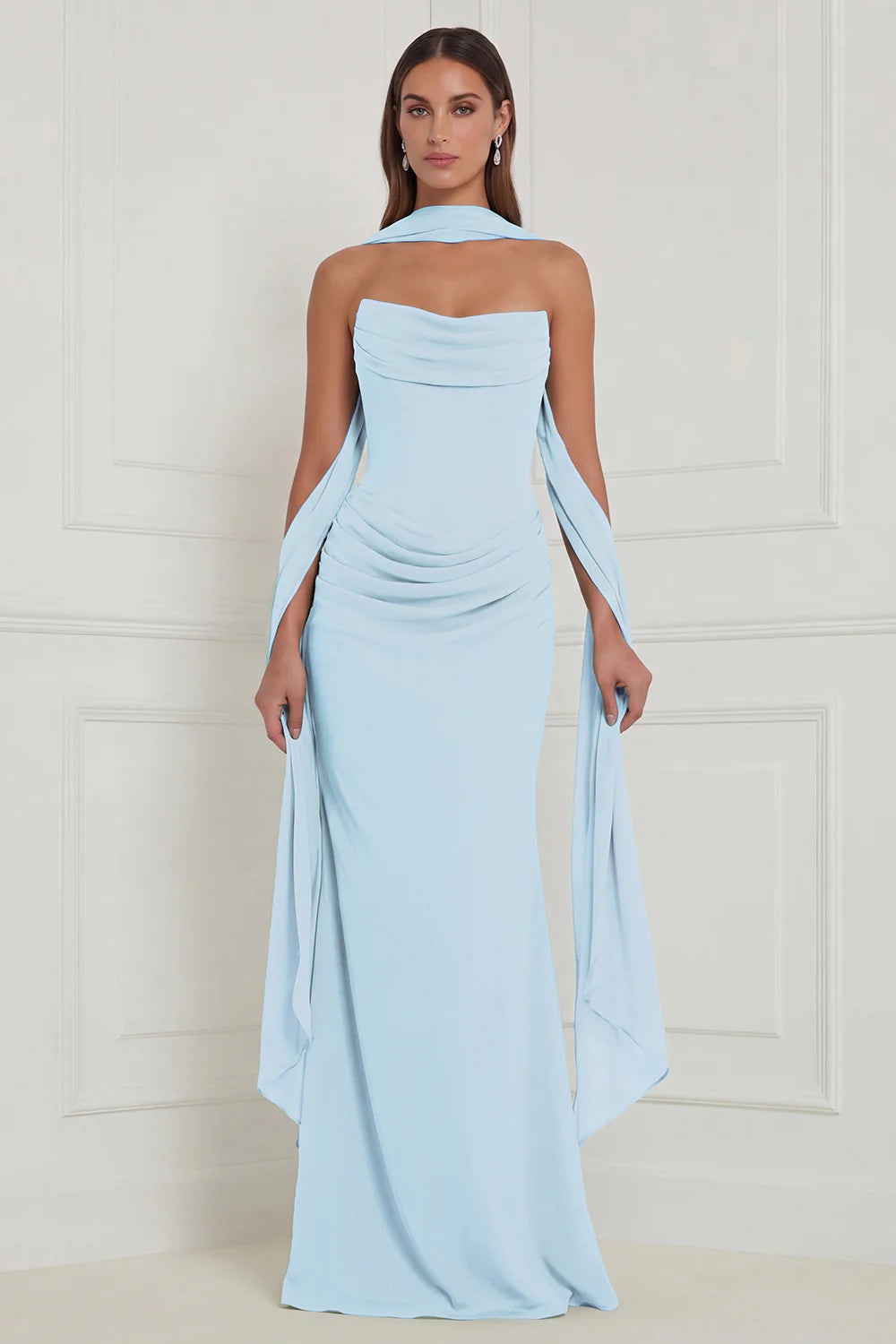 Strapless Ruched Sage Bridesmaid Dress with Scarf