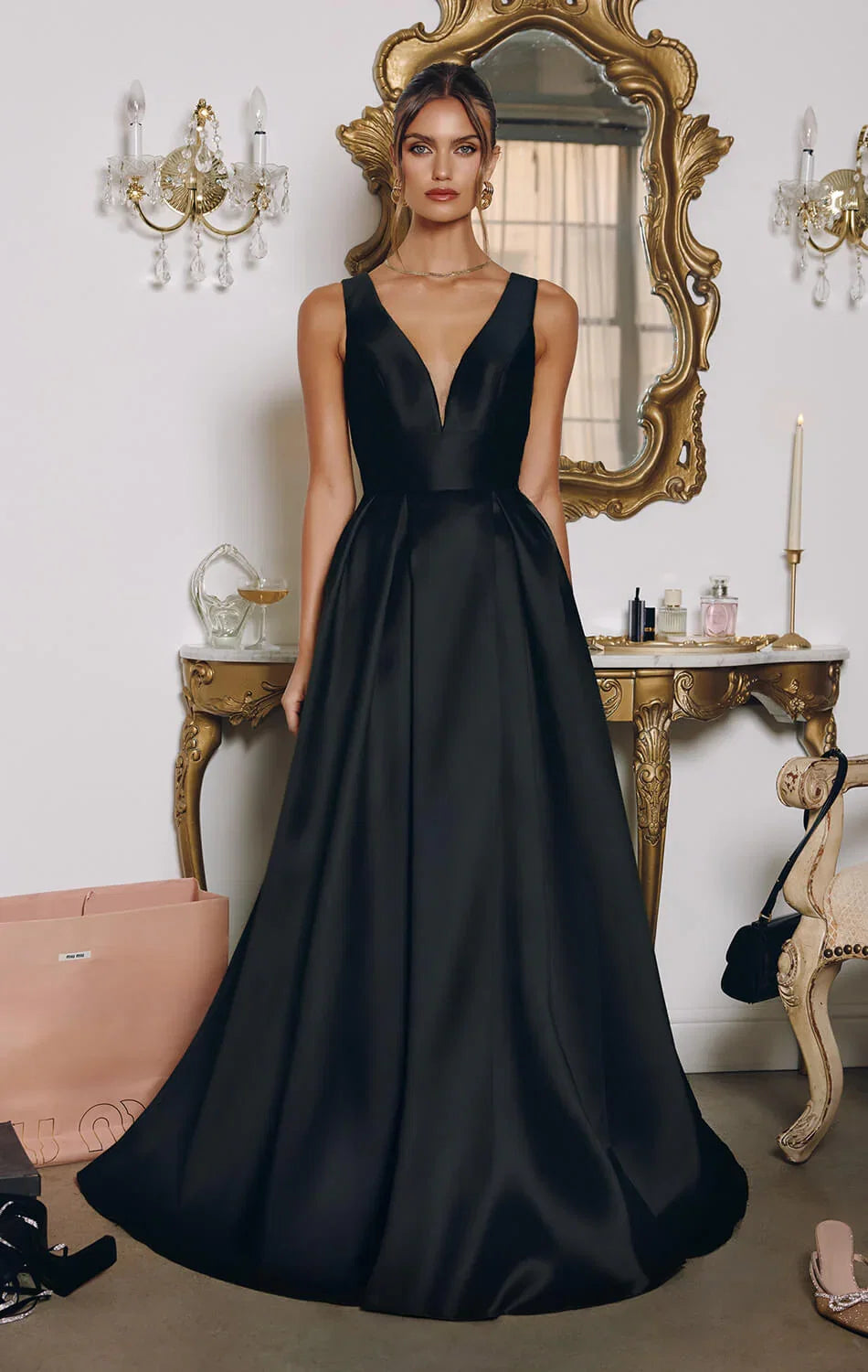 ANDERSYN GOWN MIKADO SATIN A LINE DRESS WITH POCKETS