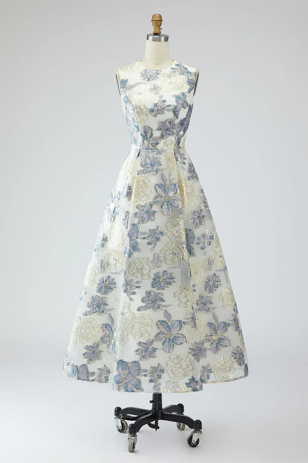 Dusty Blue A Line Floral Wedding Guest Dress with Pockets