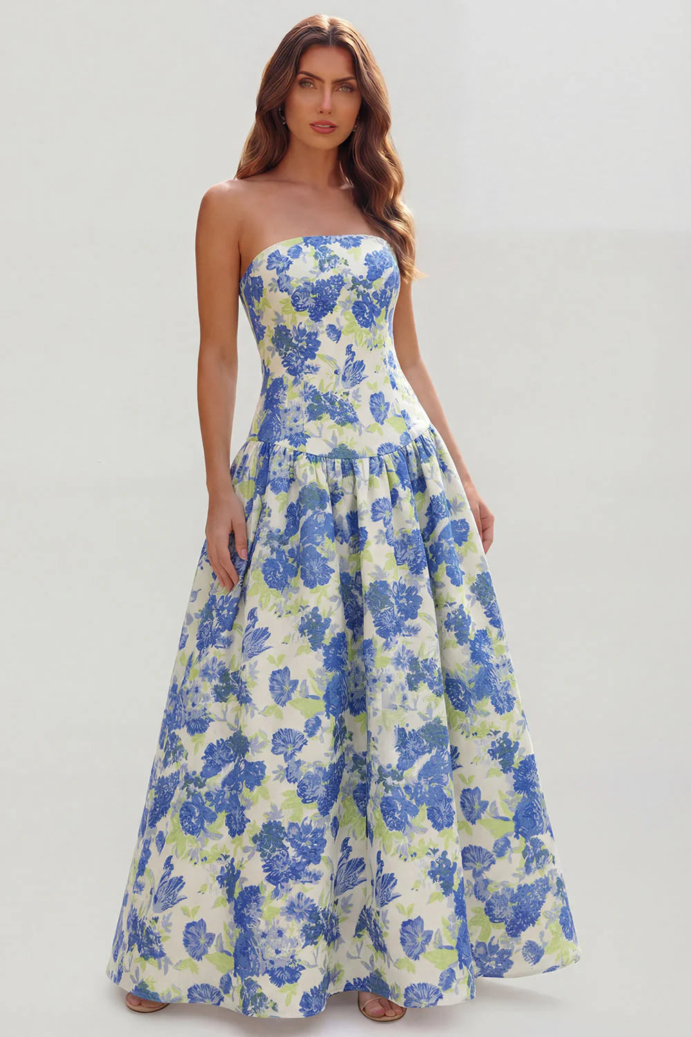 Blue White Flower Printed Strapless A Line Long Wedding Guest Dress