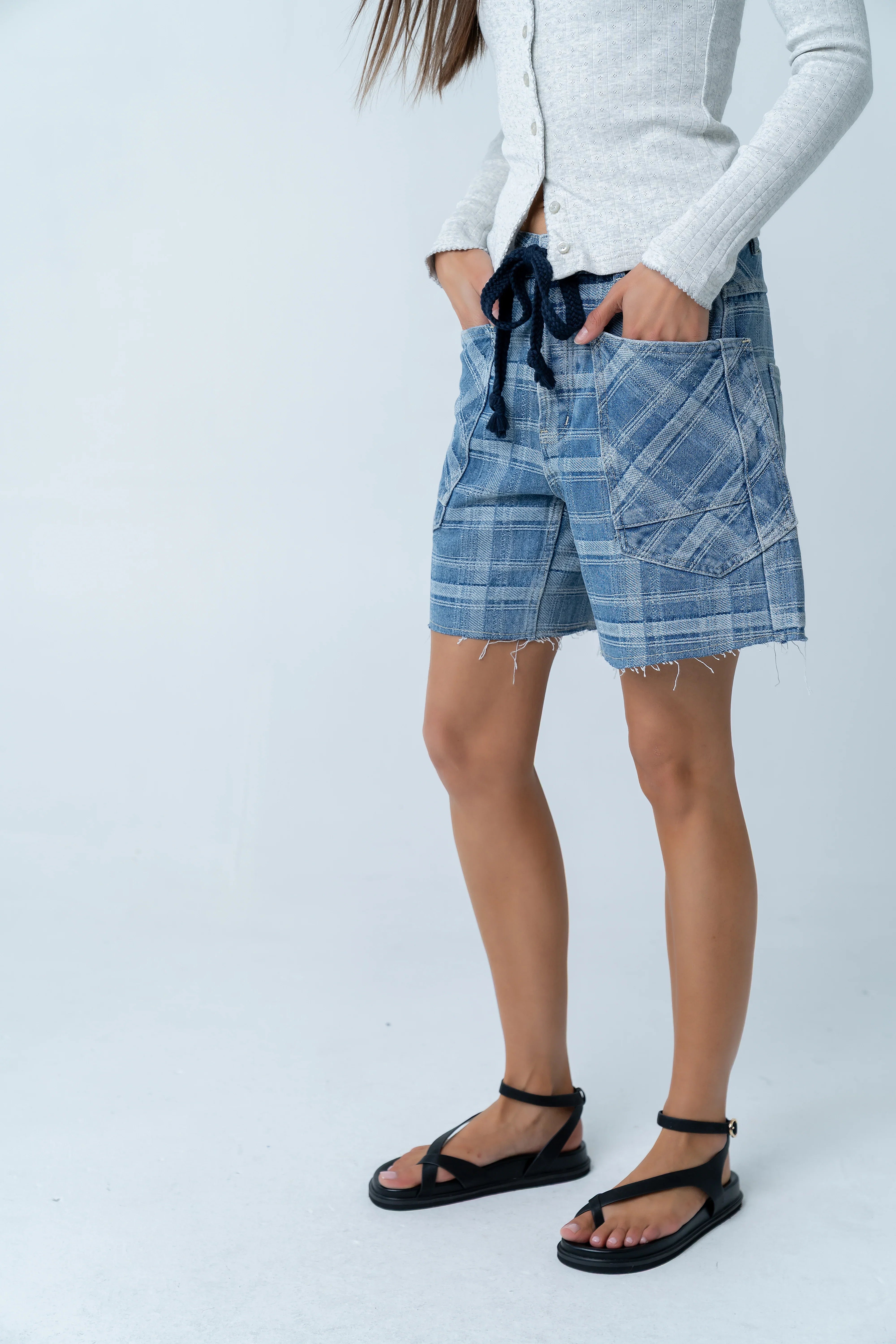 Roselyn Plaid Denim Shorts