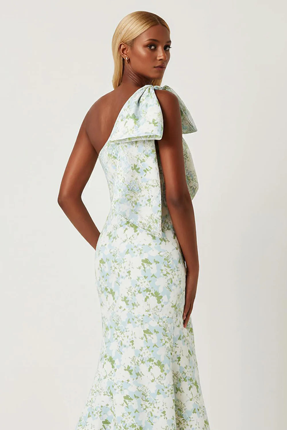 Blue White Flower Mermaid One Shoulder Print Long Bridesmaid Dress with Bow