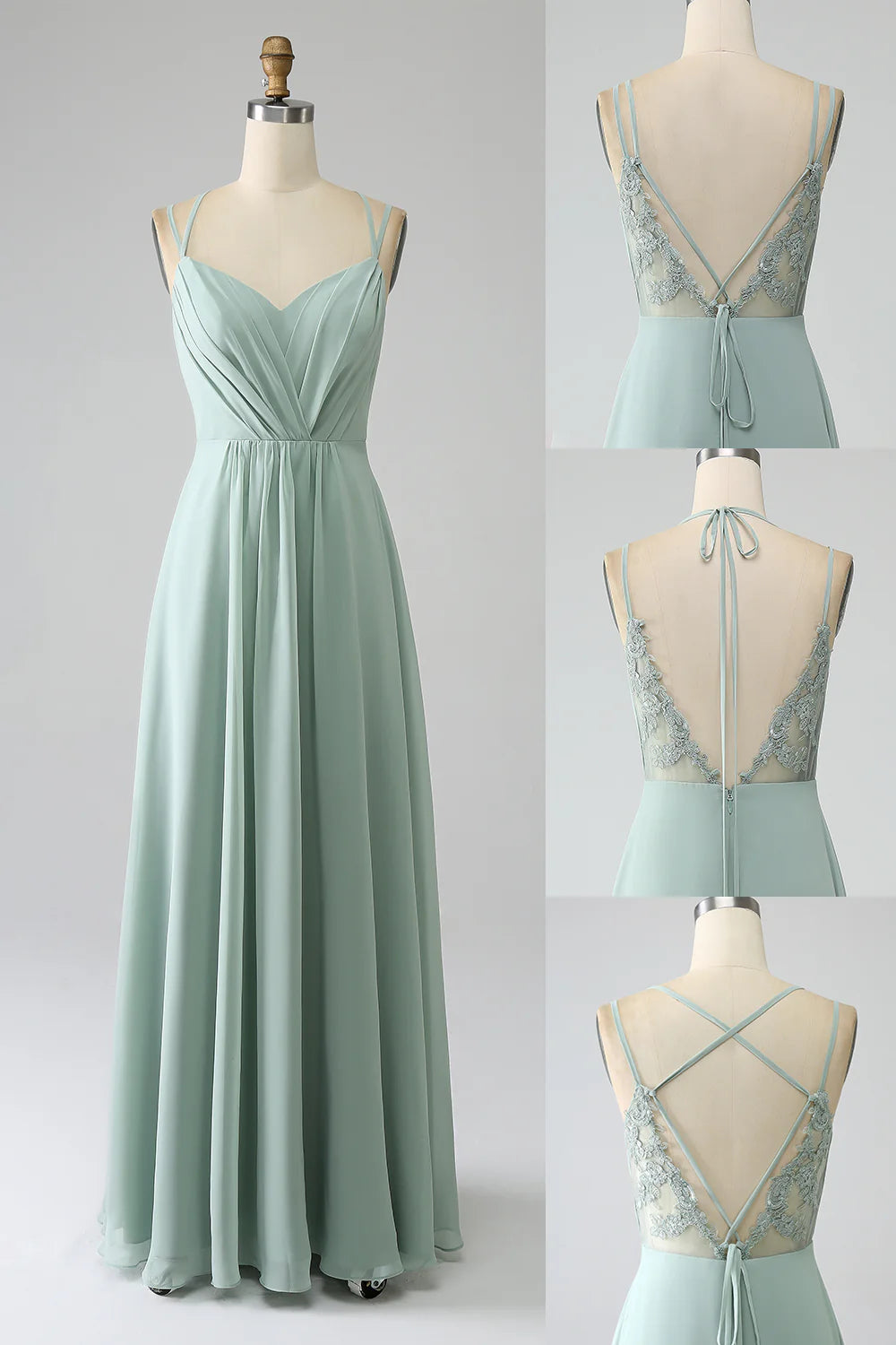 Matcha A Line Spaghetti Straps Pleated Chiffon Floor Length Bridesmaid Dress
