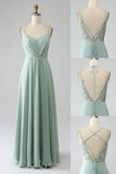 Matcha A Line Spaghetti Straps Pleated Chiffon Floor Length Bridesmaid Dress