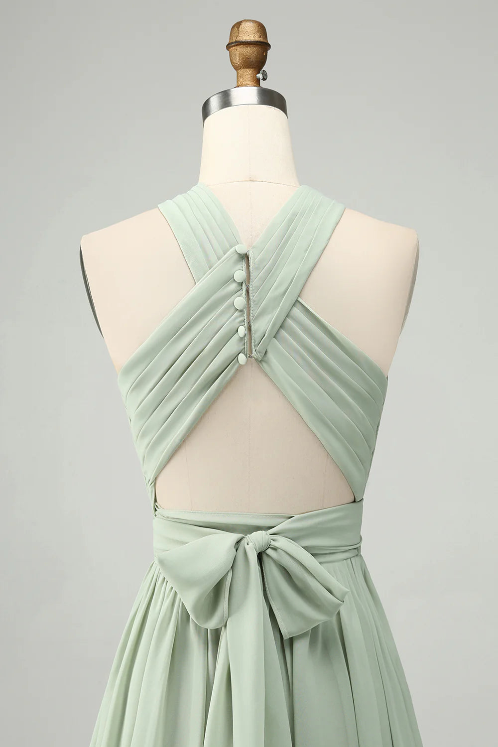 Dusty Sage A Line Halter Pleated Long Maternity Bridesmaid Dress with Slit