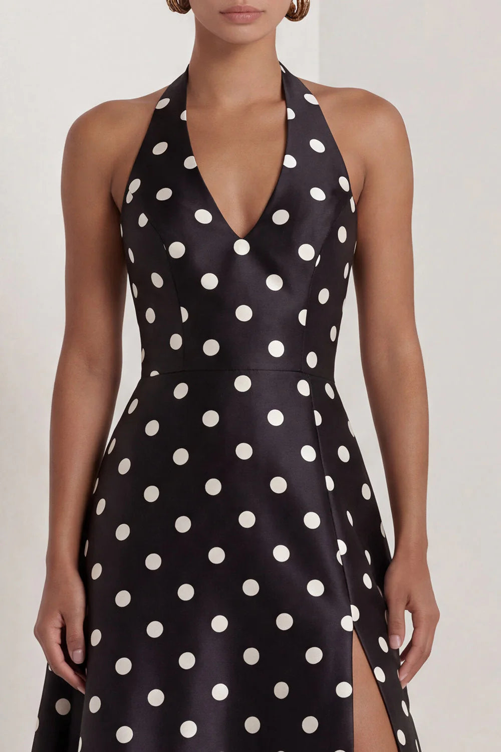 Halter White Black Polka Dot A Line Formal Dress with Slit