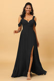 A Line V Neck Cold Shoulder Chiffon Bridesmaid Dress with Slit