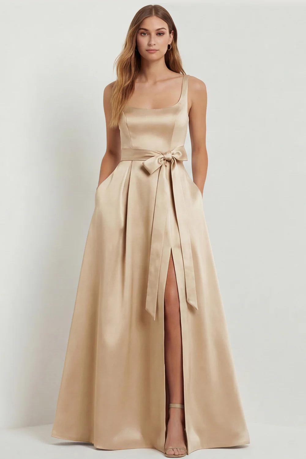 Light Blue A Line Square Neck Bow Satin Long Bridesmaid Dress with Slit