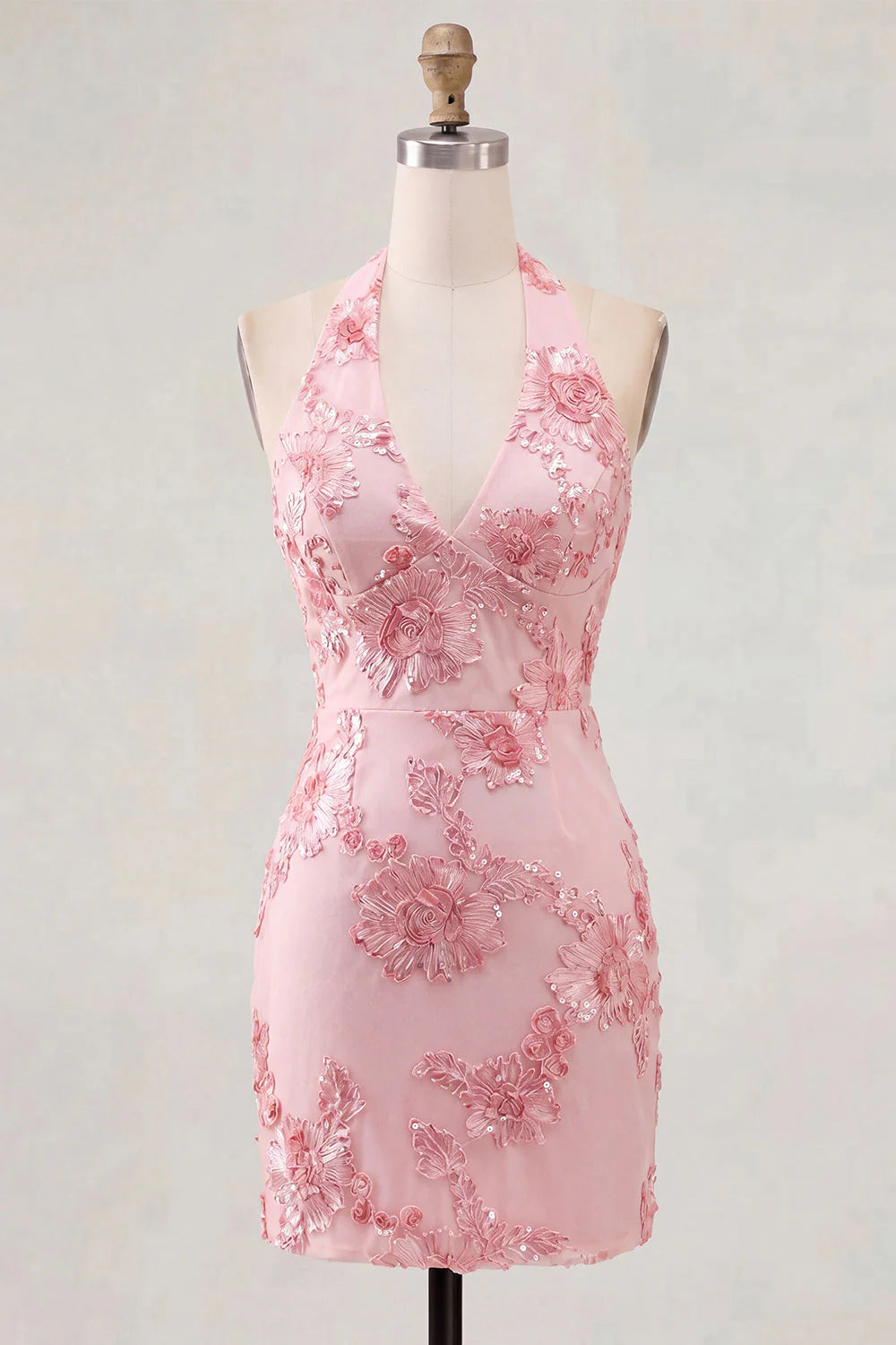 Light Blue Halter Bodycon Floral Short Homecoming Dress