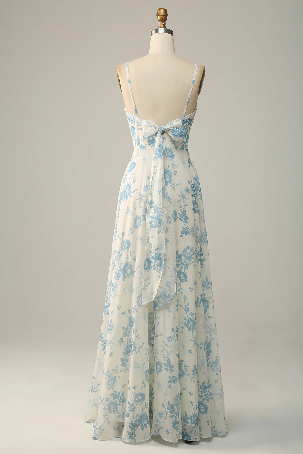 White Blue Flower A Line Spaghetti Straps Chiffon Floor Length Bridesmaid Dress