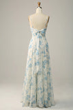 White Blue Flower A Line Spaghetti Straps Chiffon Floor Length Bridesmaid Dress