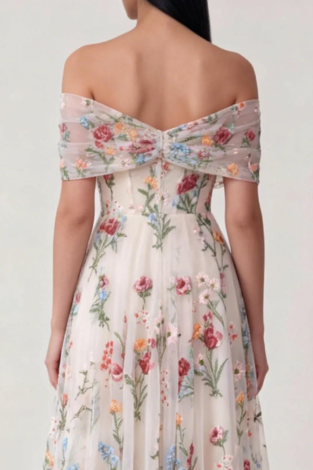 Black Off the Shoulder Floral Embroidered Midi Wedding Guest Dress