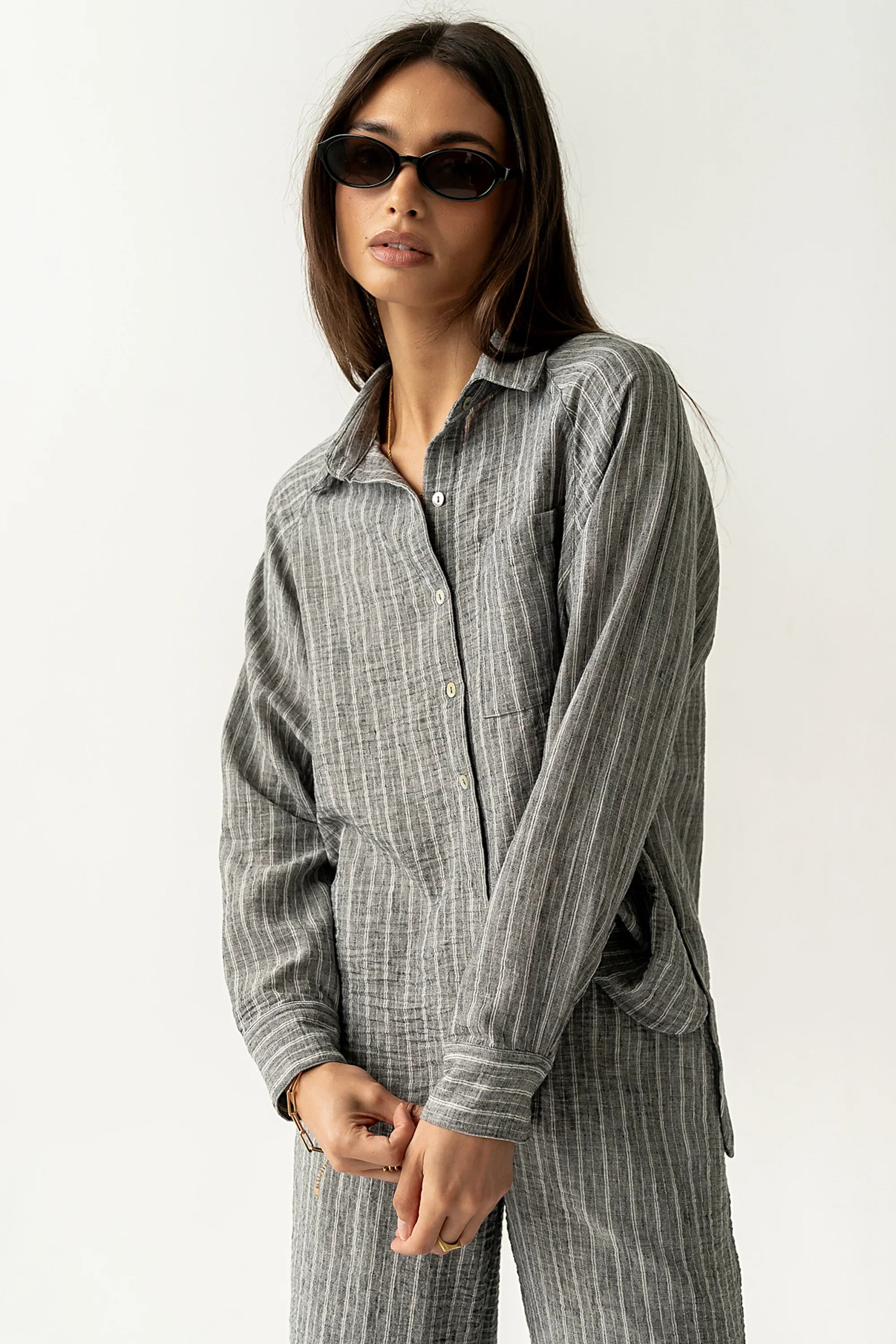 Conner Striped Button Down Top in Black